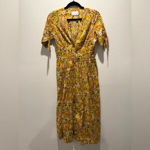Gilner Farrar - Yellow Floral V-Neck Women’s Dress - Midi - Button Up